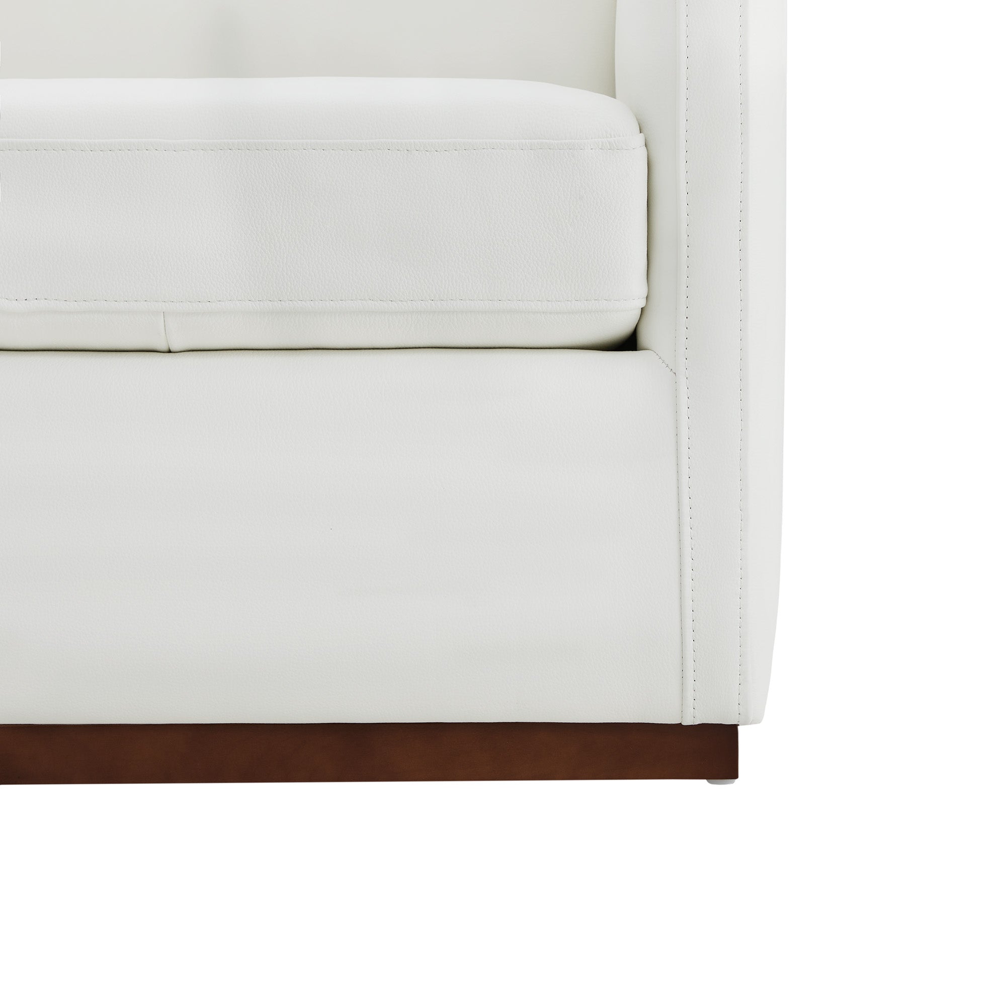 Close-up of Henry Swivel Accent Chair's white leather upholstery and wooden base - CHITA Living