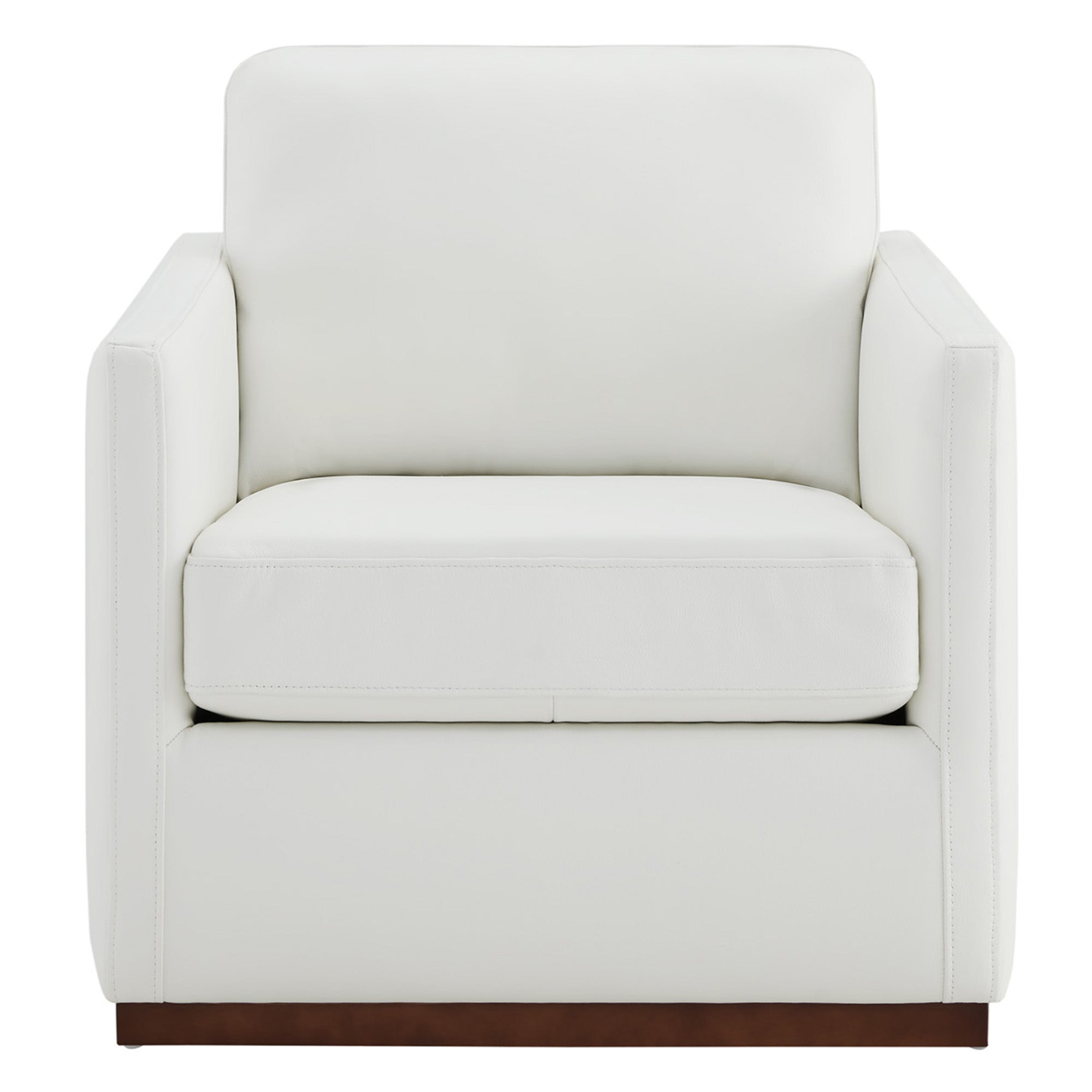 Henry Modern Swivel Accent Chair in white leather with a wooden base, highlighting minimalist design - CHITA Living