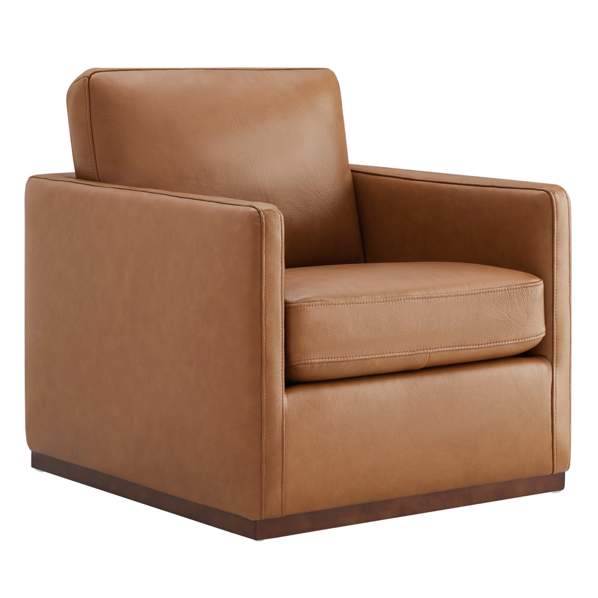 Side view of brown leather Henry Modern Swivel Accent Chair with wooden base - CHITA Living