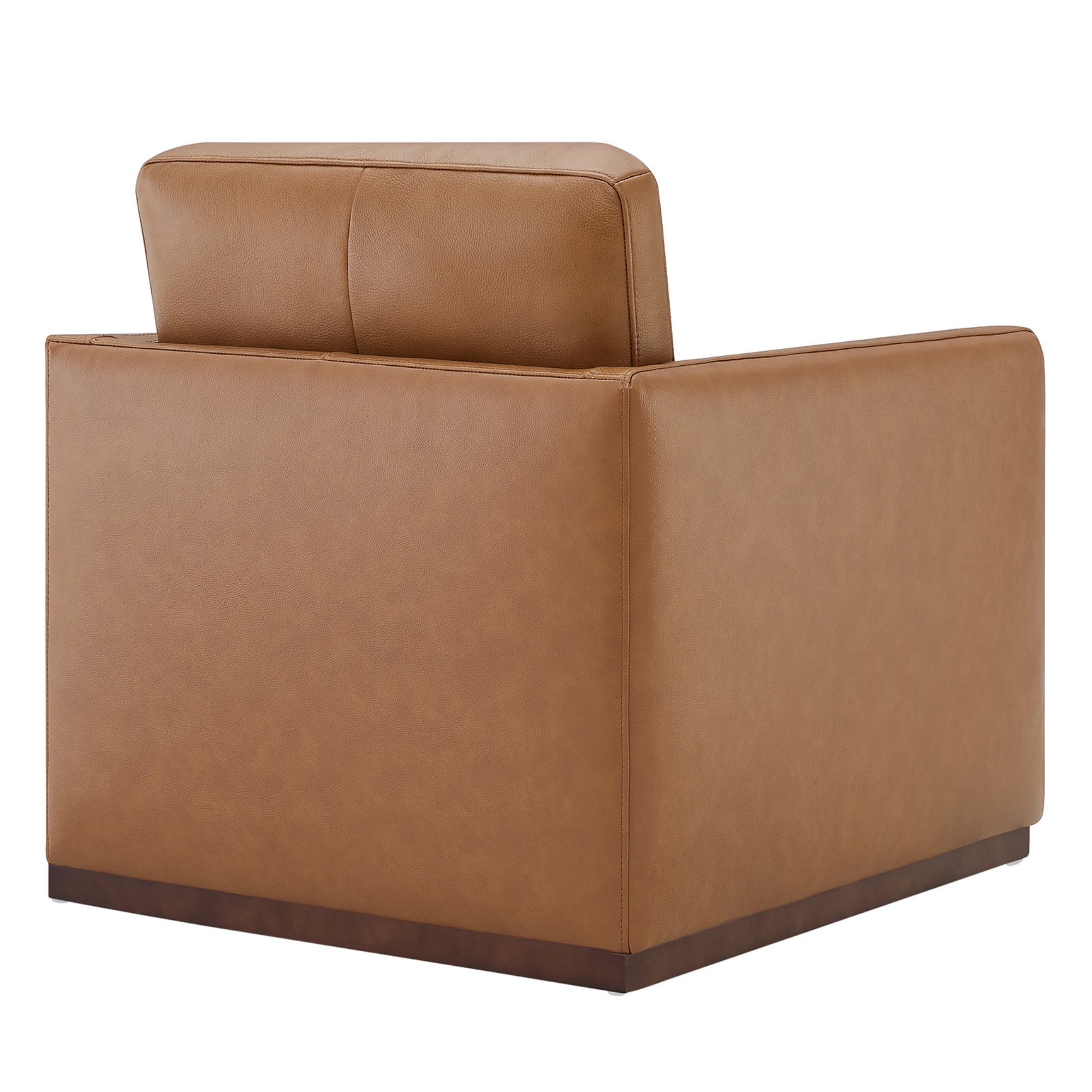 Back view of Henry Modern Swivel Accent Chair in brown leather with wooden base - CHITA Living