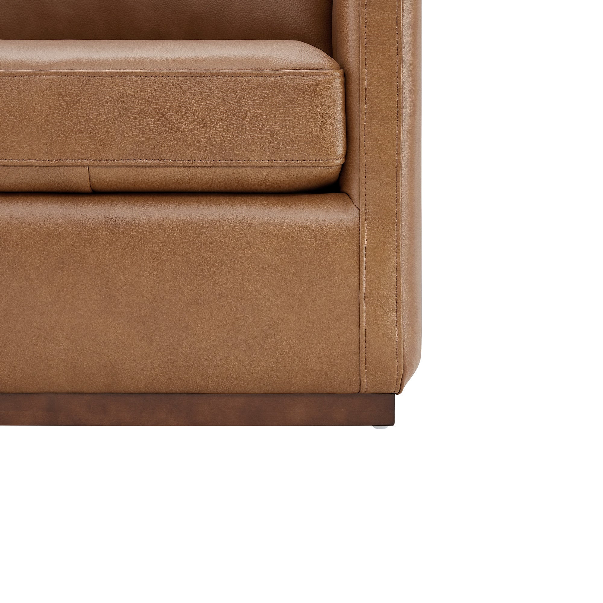 Detail of Henry Modern Swivel Accent Chair's brown leather cushion and wooden base - CHITA Living