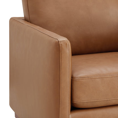 Detail of the brown leather armrest and cushion on Henry Modern Swivel Accent Chair - CHITA Living