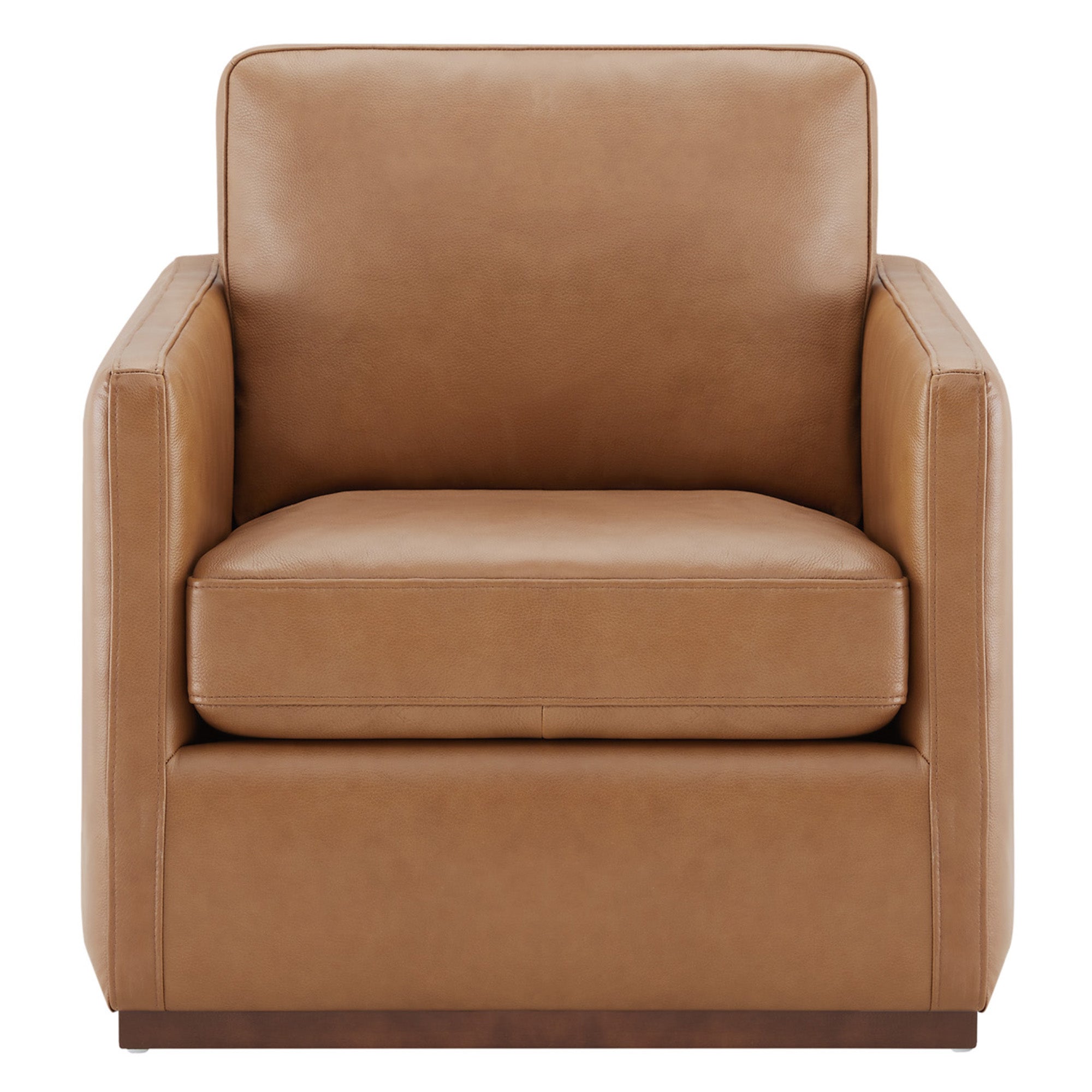 Brown leather Henry Modern Swivel Accent Chair with plush seat and wooden base - CHITA Living