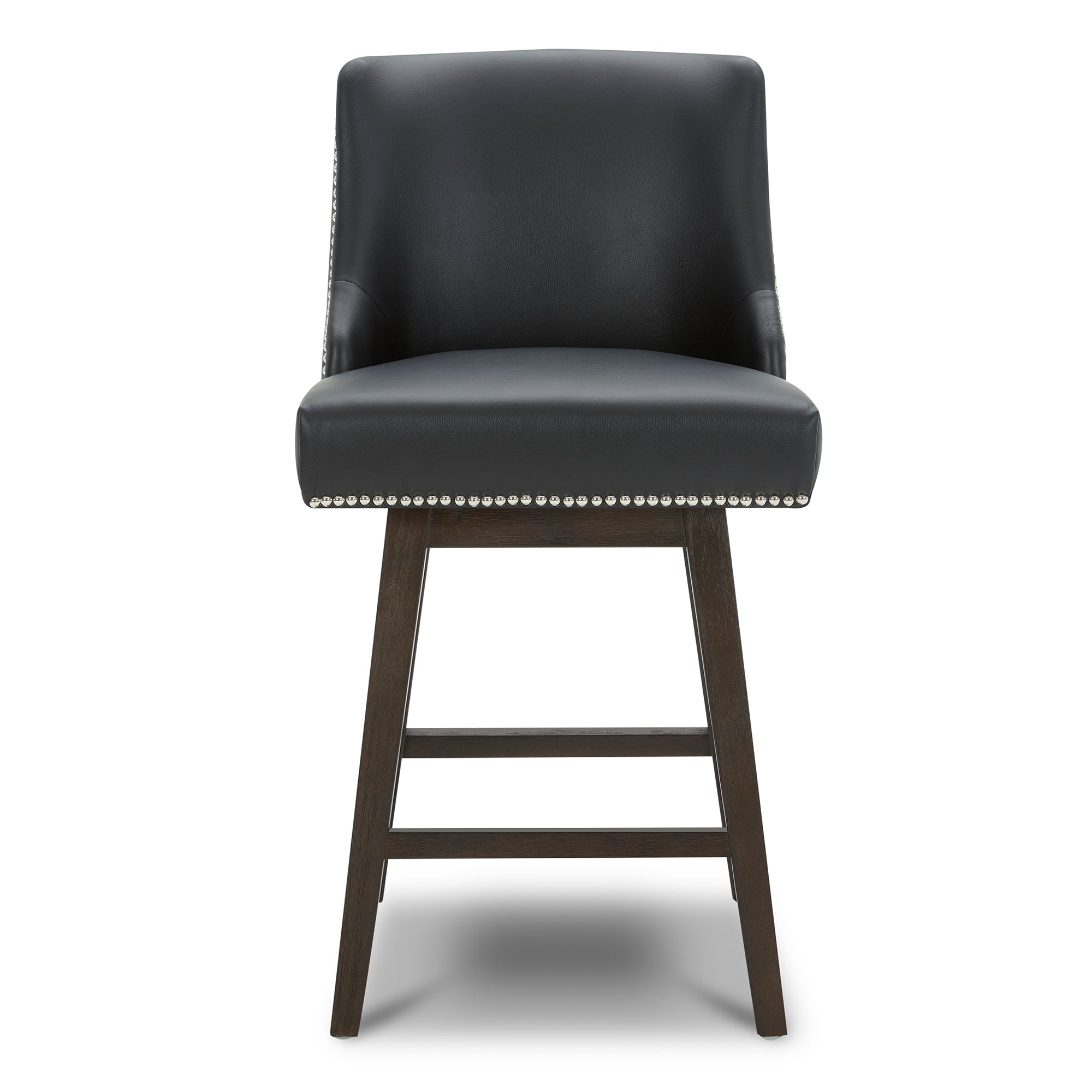 Asher swivel bar stool in black upholstery with silver nailhead trim and wooden legs - CHITA Living