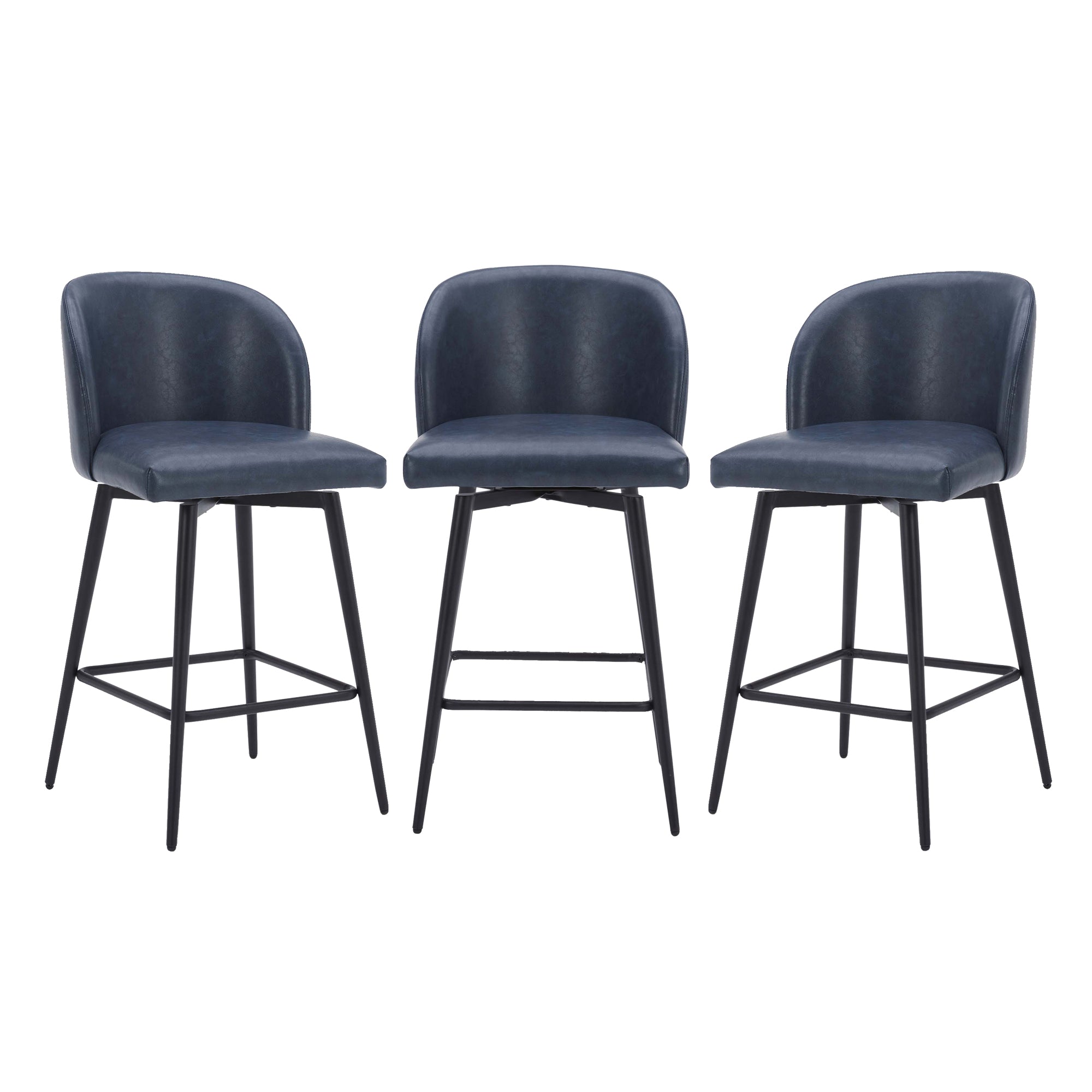 Set of three Nova Swivel Bar & Counter Stools in dark fabric with black metal legs - CHITA Living