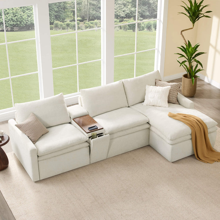 Ohana modular lay-flat reclining sofa with chaise in linen, featuring zero-gravity recline and built-in console.