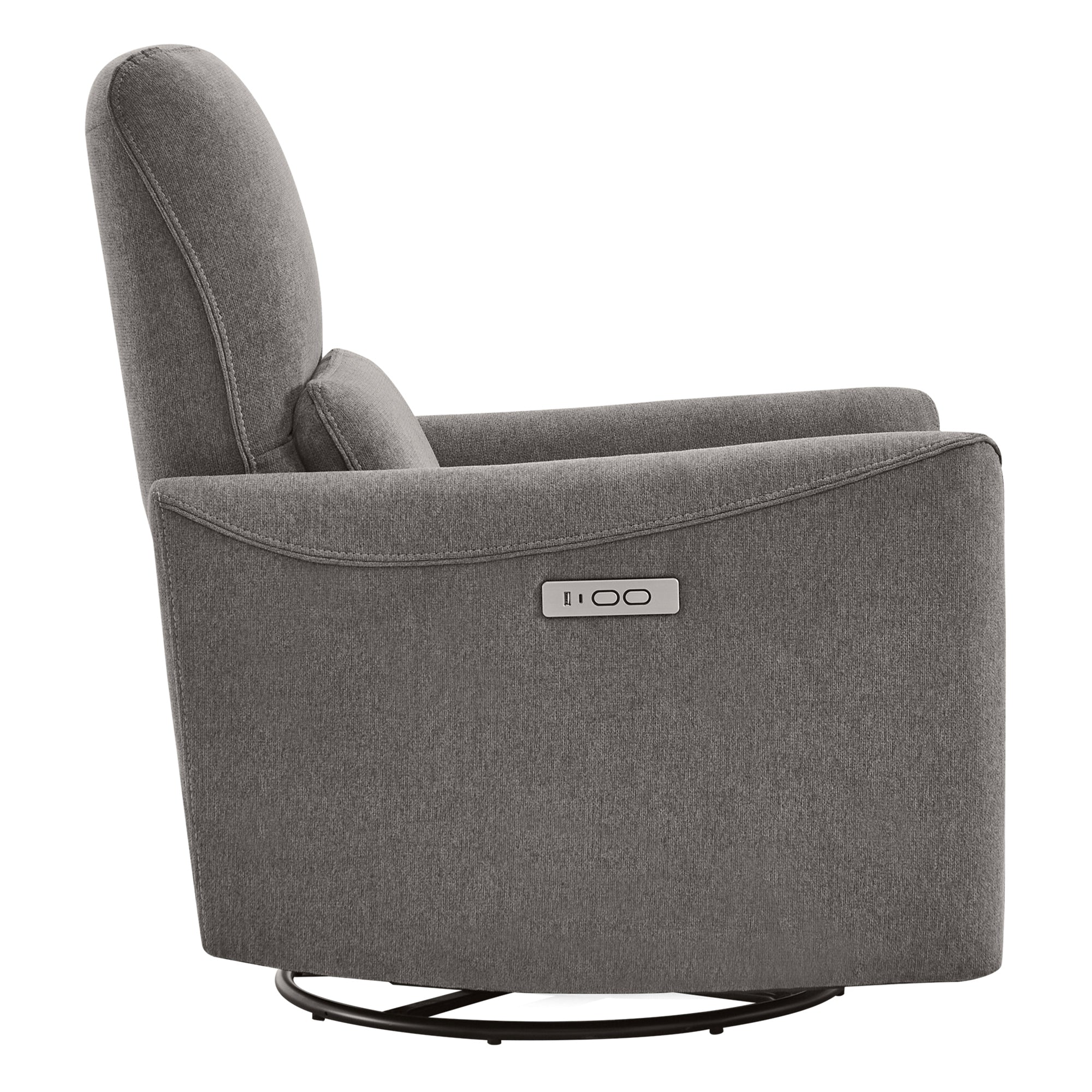 Side view of light grey Tracee Modern Power Swivel Glider Recliner with power button - CHITA Living