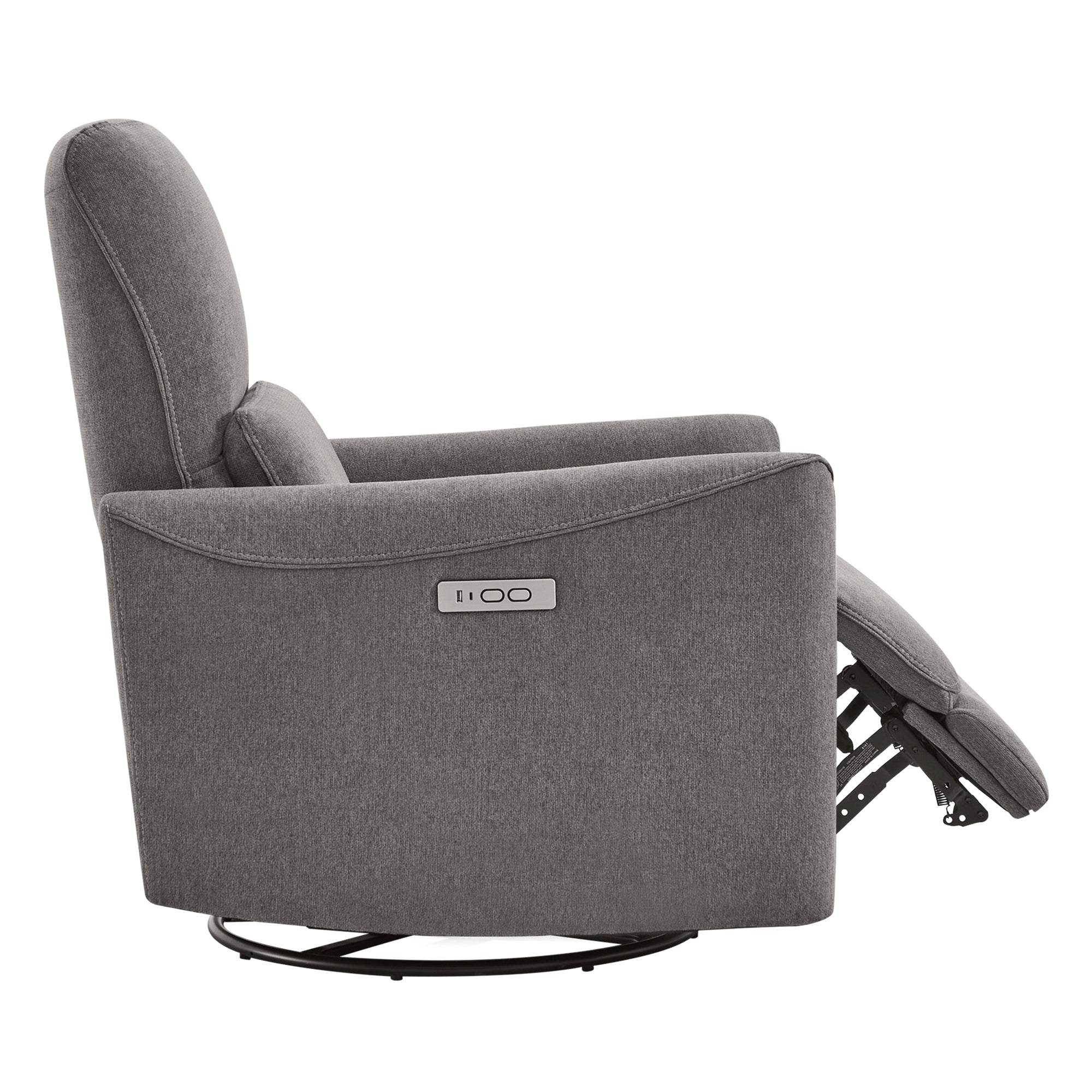 Tracee Modern Power Swivel Glider Recliner in grey fabric with extended leg rest and recline button - CHITA Living