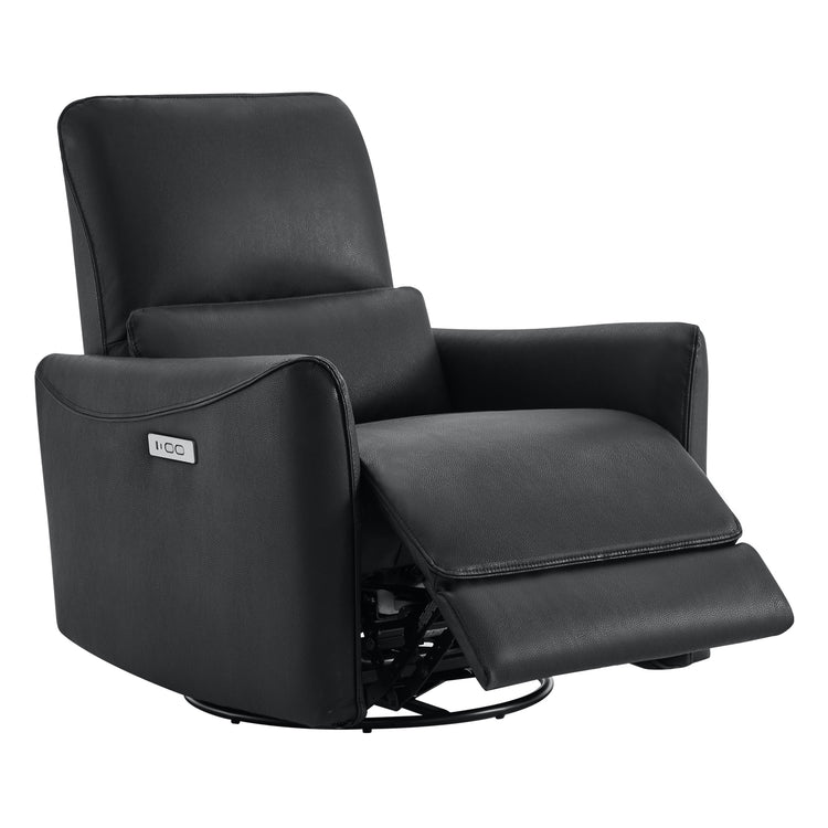 Tracee Modern Power Swivel Glider Recliner in black faux leather with USB charging port.
