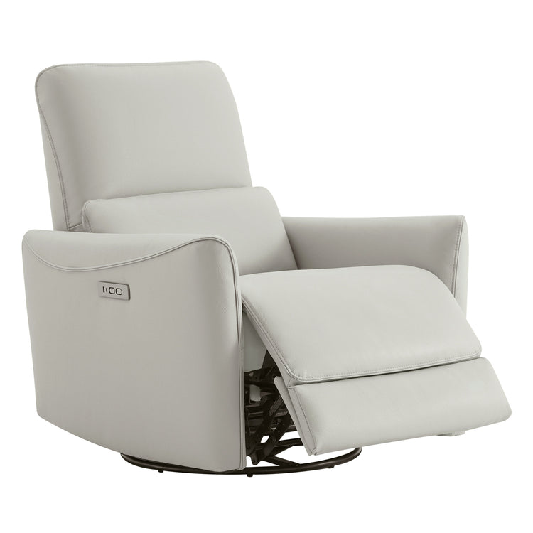 Tracee Modern Power Swivel Glider Recliner in light gray faux leather with power recline and USB ports.