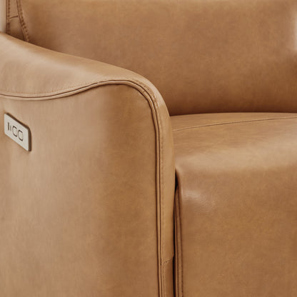 Close-up of tan leather Tracee recliner with powered recline button - CHITA Living