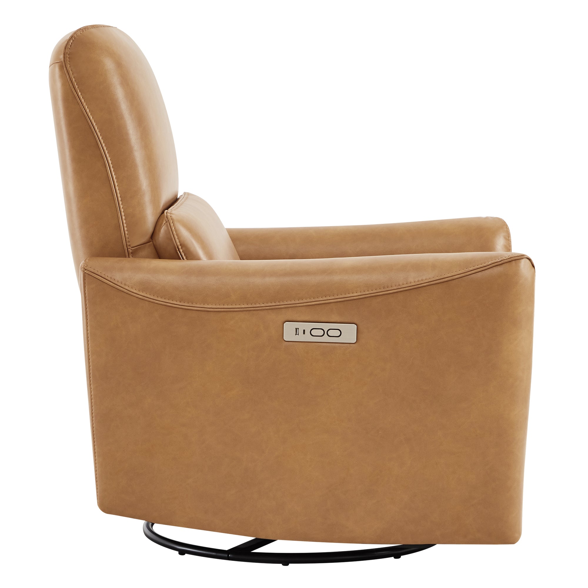 Tan leather Tracee Modern Power Swivel Glider Recliner side view with reclining button - CHITA Living