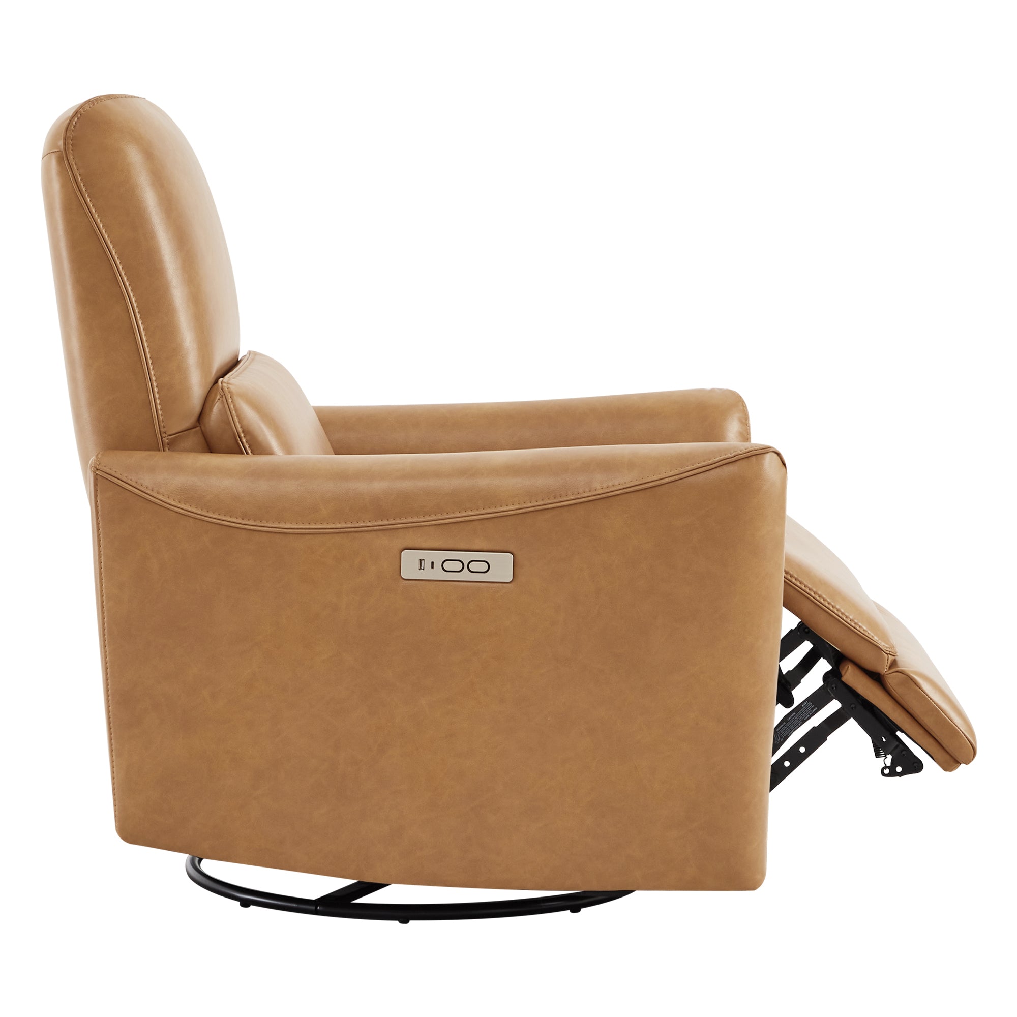 Tracee Modern Power Swivel Glider Recliner in tan leather with leg rest extended - CHITA Living