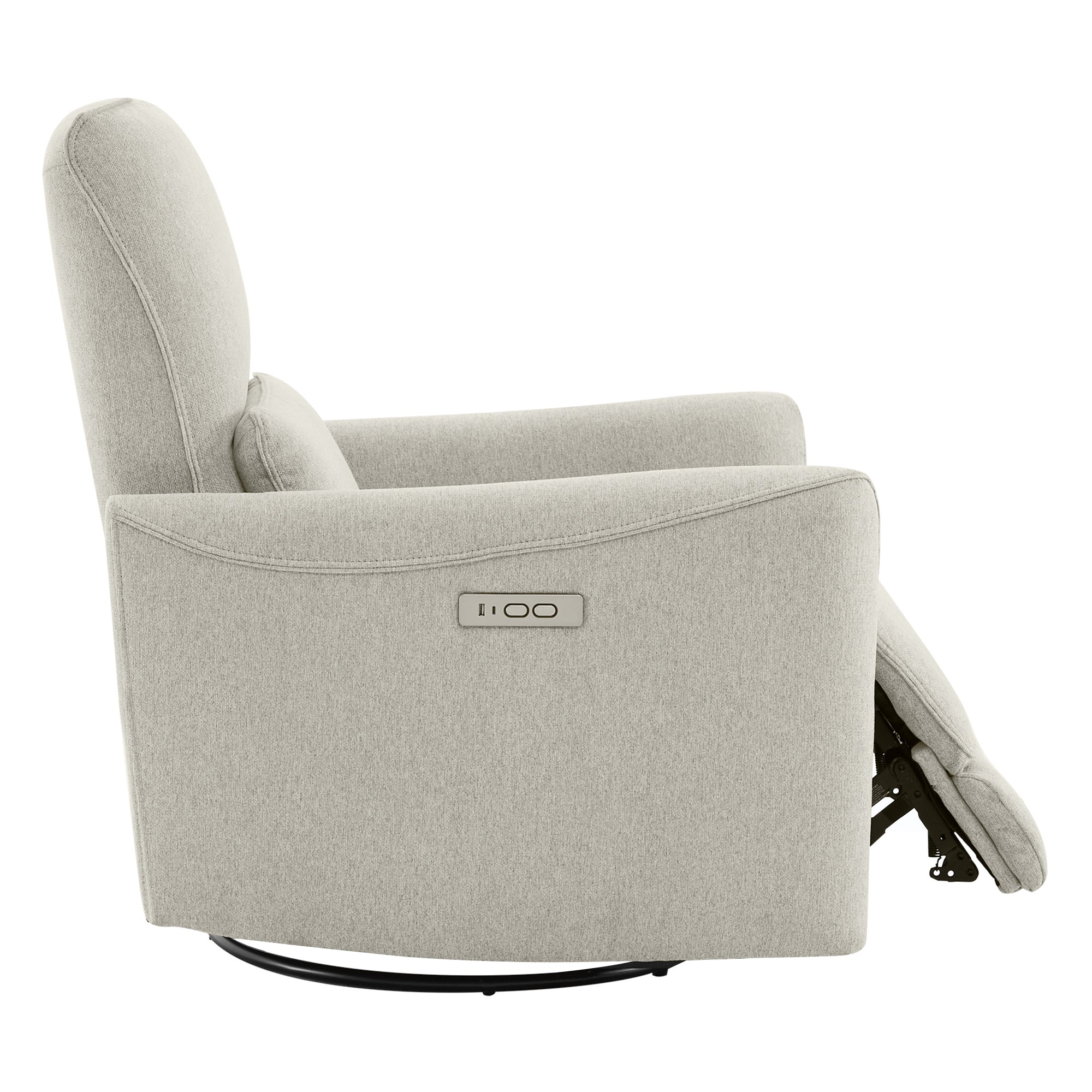 Side view of Tracee Modern Power Swivel Glider Recliner in light grey with recline button - CHITA Living