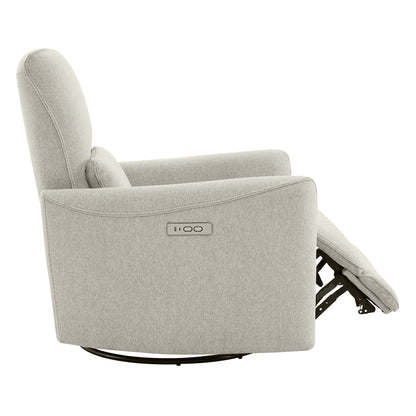 Light grey Tracee Modern Power Swivel Glider Recliner side view with recline button and leg rest extended - CHITA Living