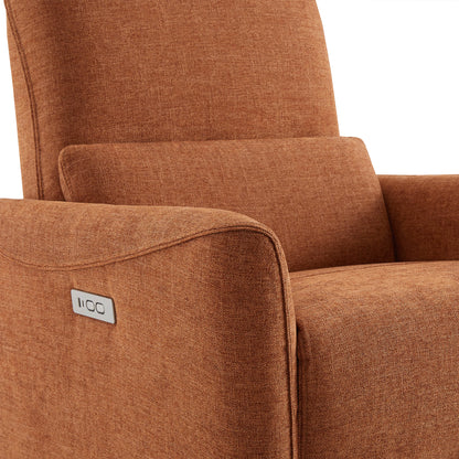 Close-up of orange power swivel nursery glider recliner's armrest and control panel - CHITA Living