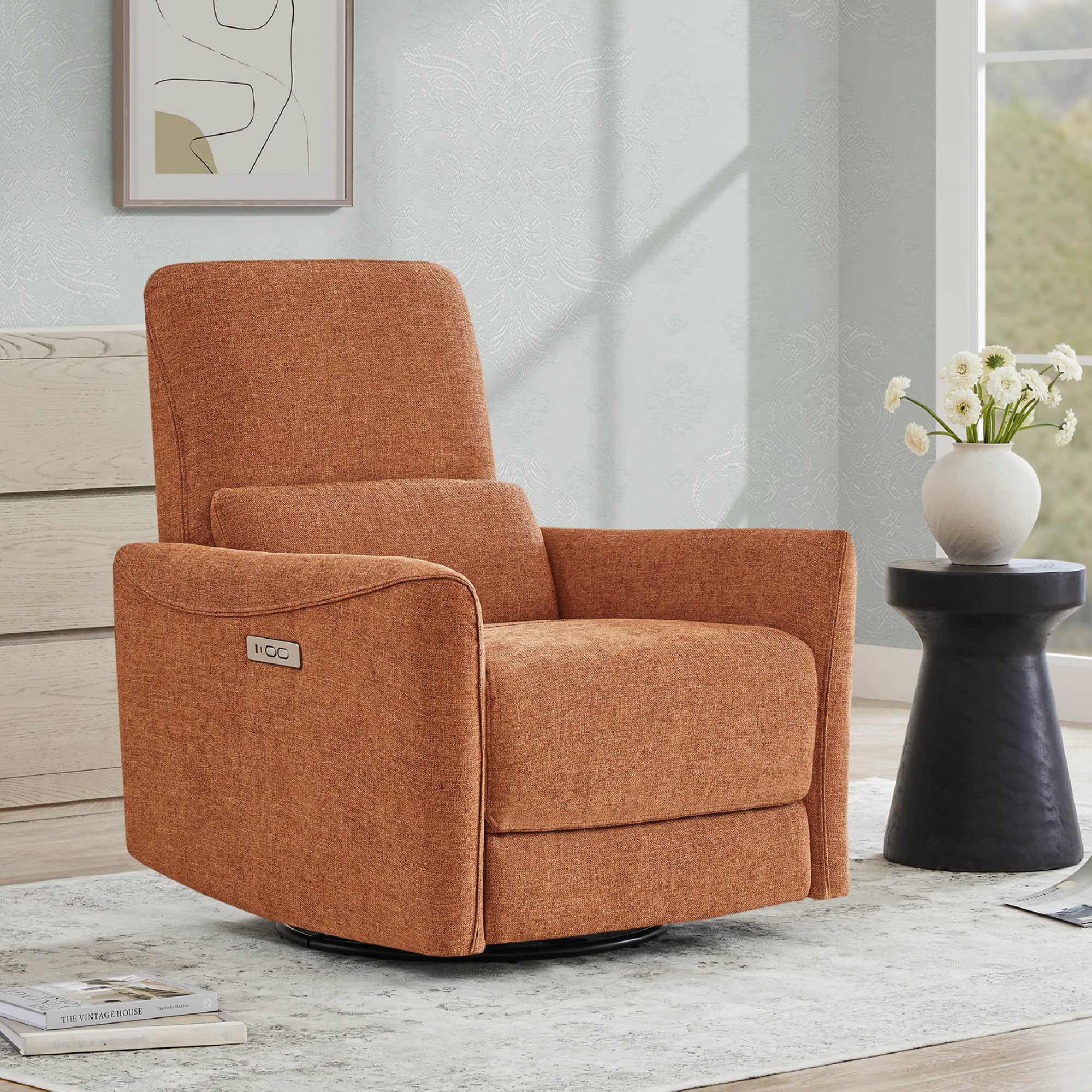 Stylish orange power swivel glider recliner with modern design in living room - CHITA Living