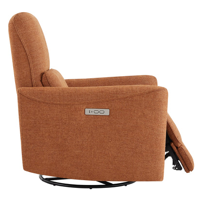 Brown power swivel nursery glider recliner side view showcasing ergonomic design and control panel - CHITA Living