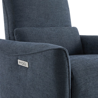 Close-up of modern blue power swivel glider recliner's control panel and textured fabric - CHITA Living