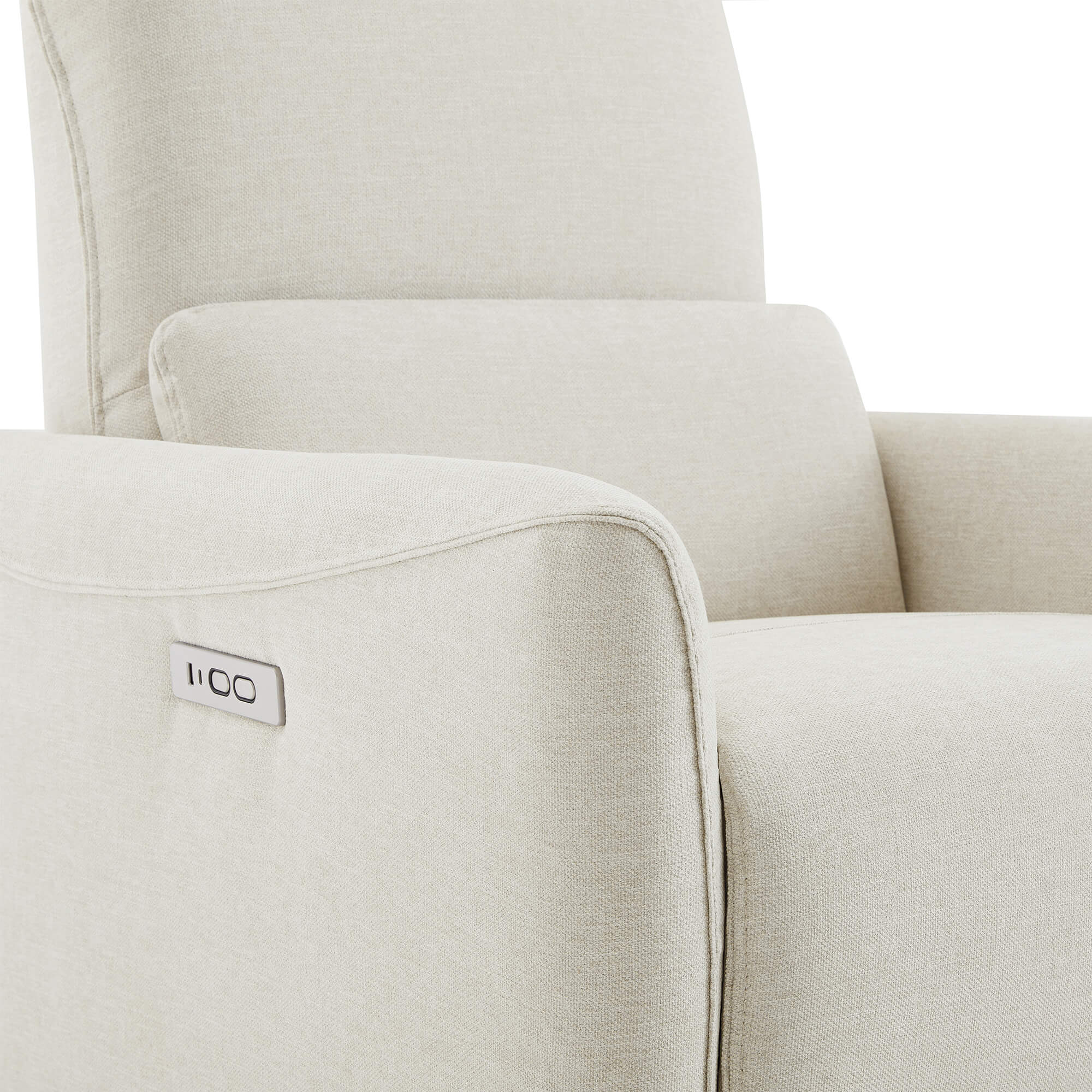 Close-up of beige power swivel nursery glider recliner's control panel and armrest - CHITA Living