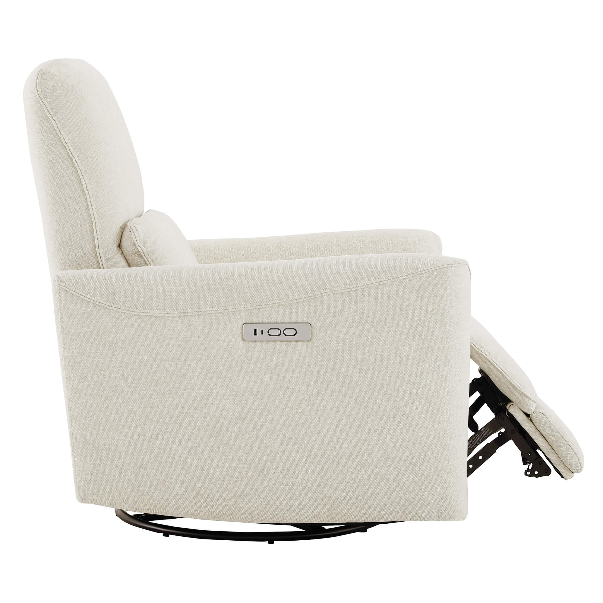 Side view of beige power swivel glider recliner with sleek ergonomic design - CHITA Living