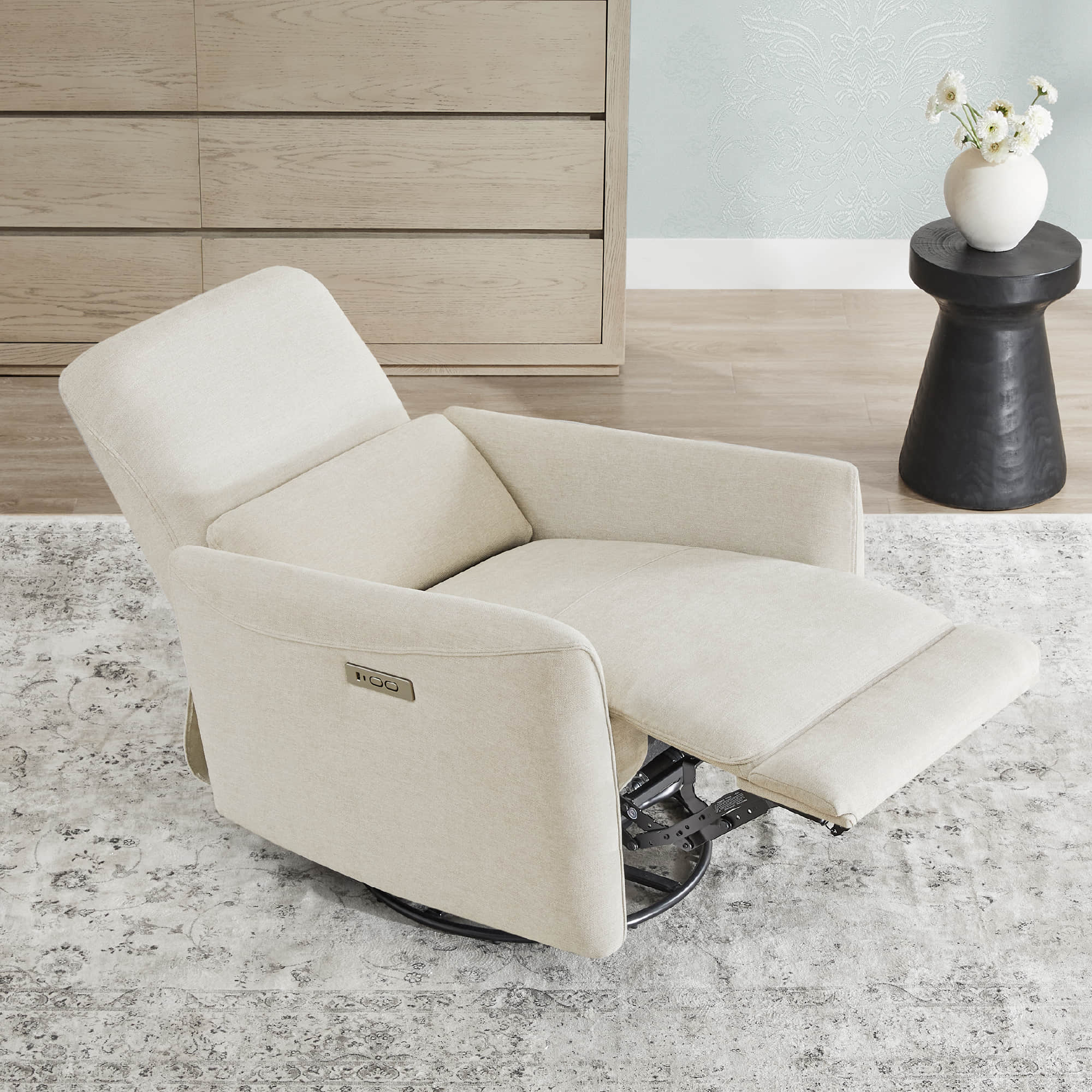 Beige power swivel glider recliner in modern decor, featuring stylish and ergonomic design - CHITA Living