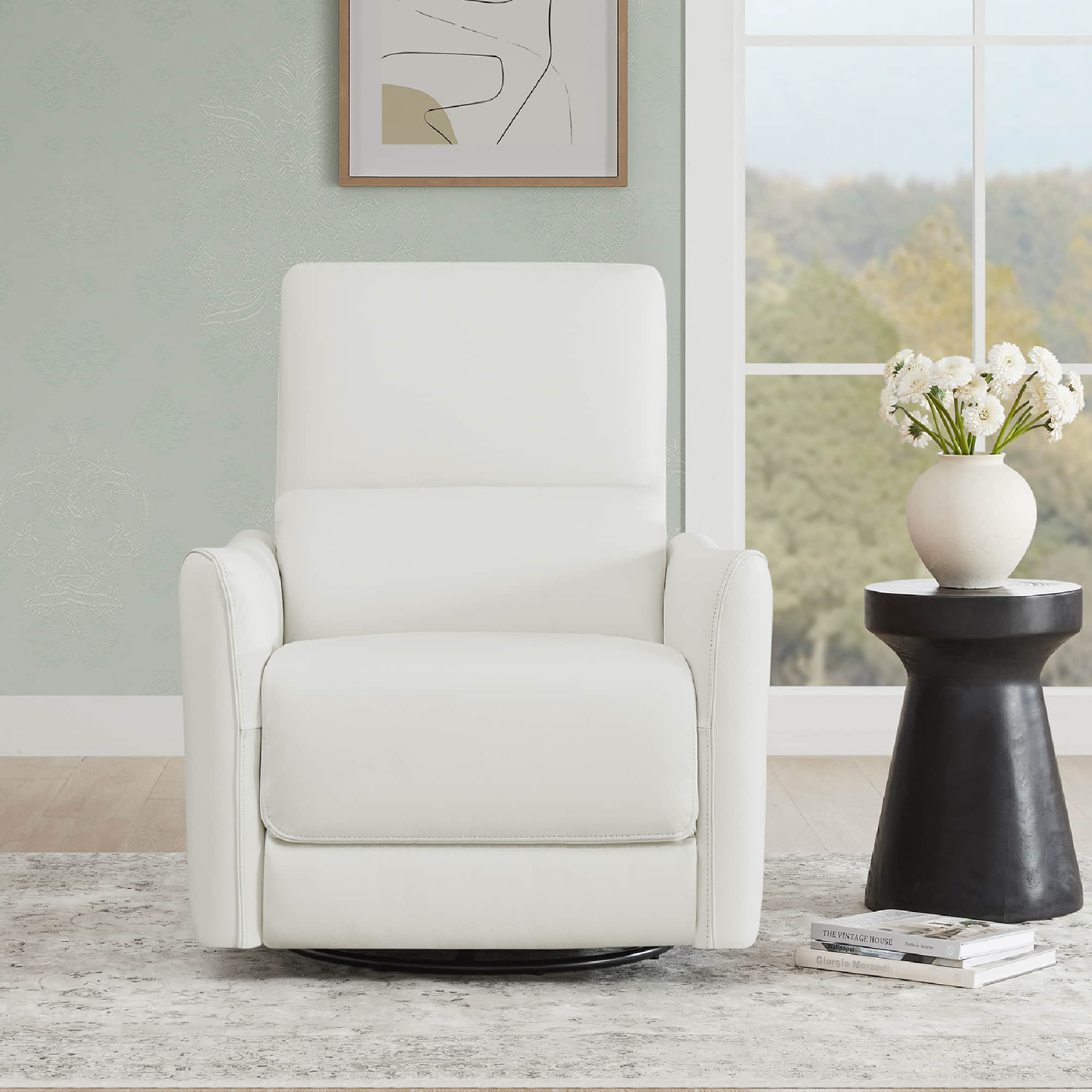 White power swivel glider recliner with sleek design in bright modern living room - CHITA Living