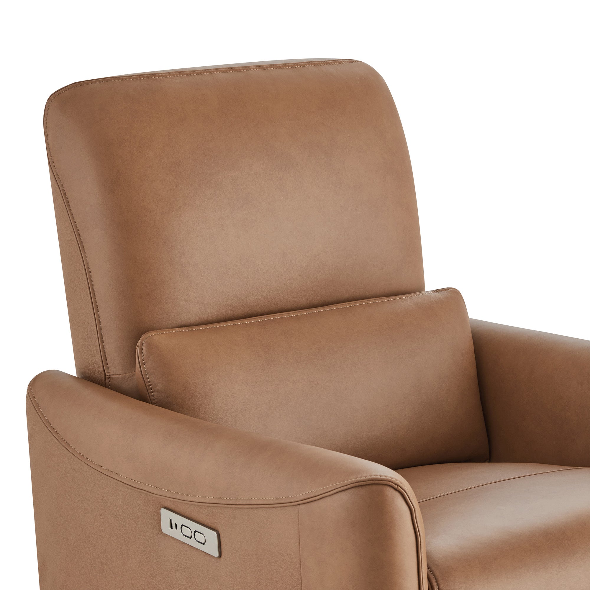 Close-up of brown power swivel glider recliner with USB port in modern style - CHITA Living