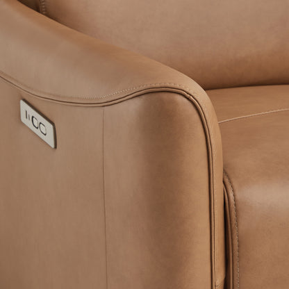 Close-up of Tracee brown power swivel recliner's sleek arm and USB port - CHITA Living