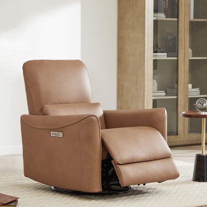 CHITA LIVING-Tracee Modern Power Swivel Glider Recliner-Recliners-Genuine Leather-Saddle Brown-