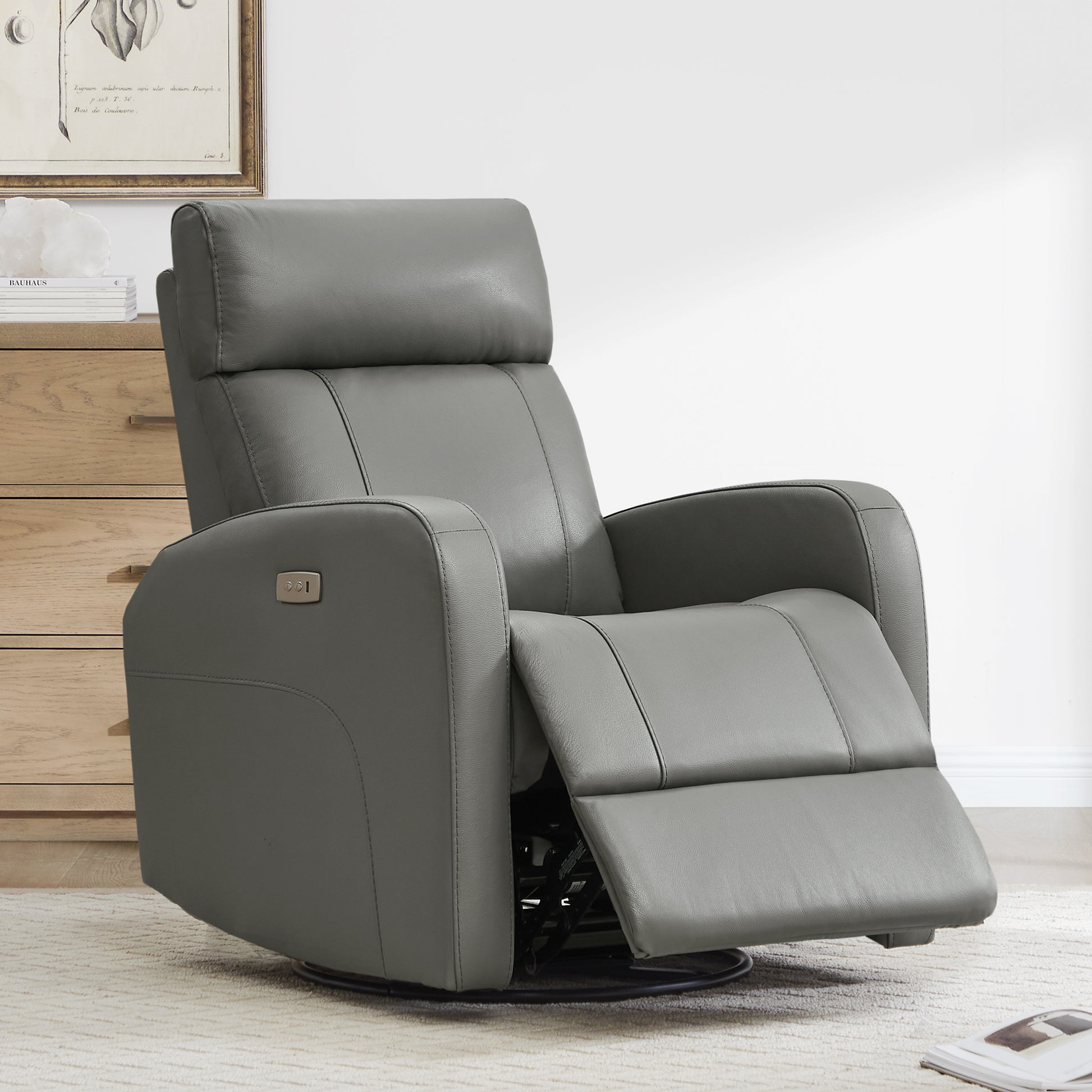 CHITA LIVING-Joy Power Swivel Recliner with Manual Headrest-Recliners-Genuine Leather-Light Gray-