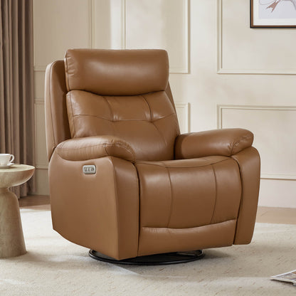 Keith Tufted Genuine Leather Swivel Glider Power Recliner with Power Headrest