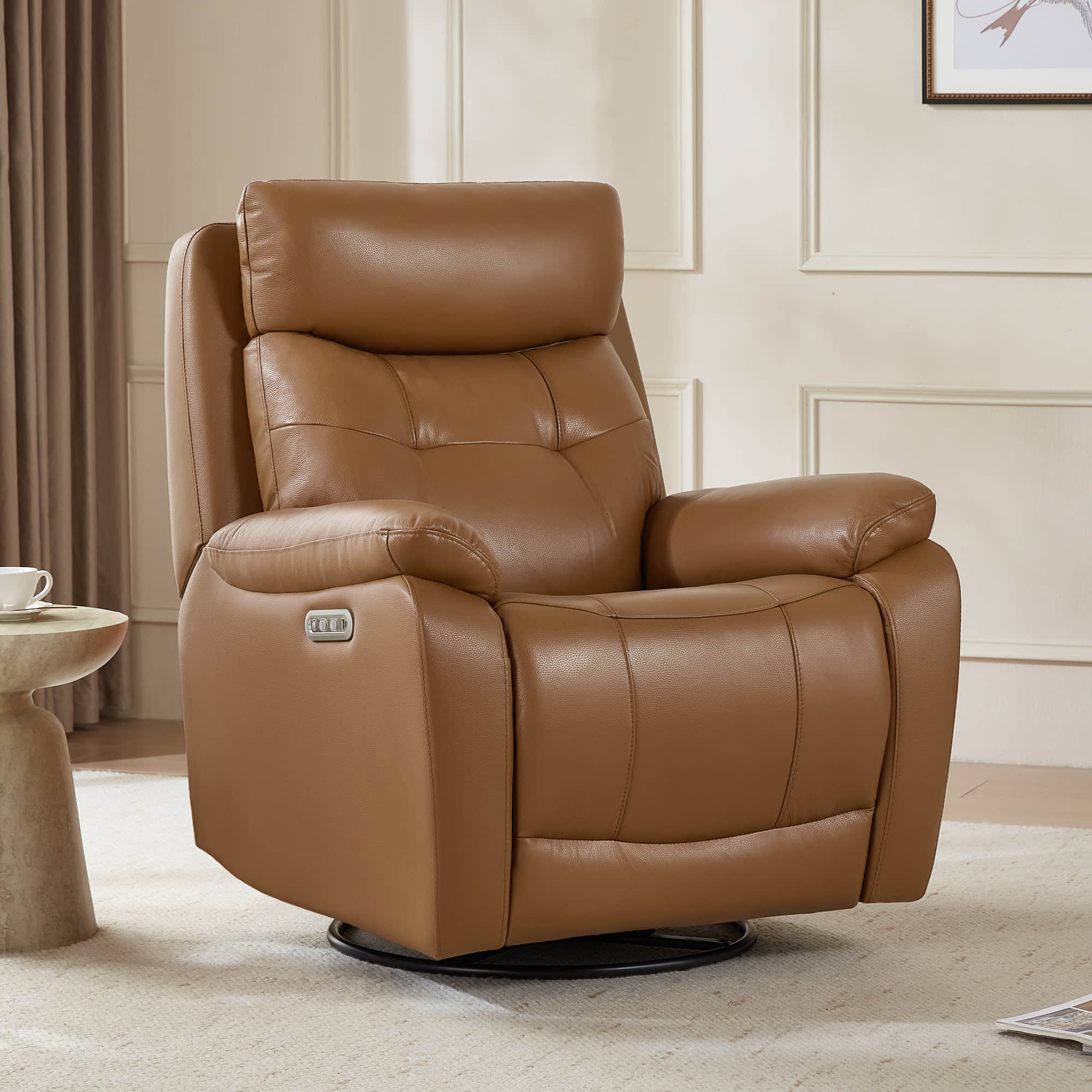 Keith Tufted Genuine Leather Swivel Glider Power Recliner with Power Headrest