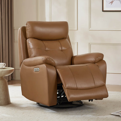 Keith Tufted Genuine Leather Swivel Glider Power Recliner with Power Headrest