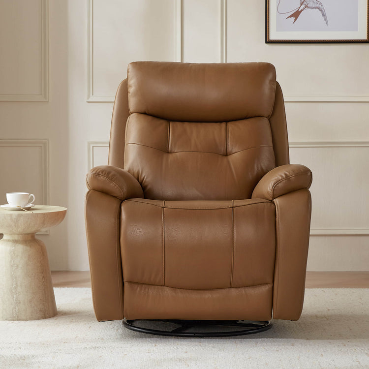 Saddle brown leather swivel glider recliner with tufted cushioning and power headrest.