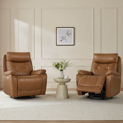 Keith Tufted Genuine Leather Swivel Glider Power Recliner with Power Headrest