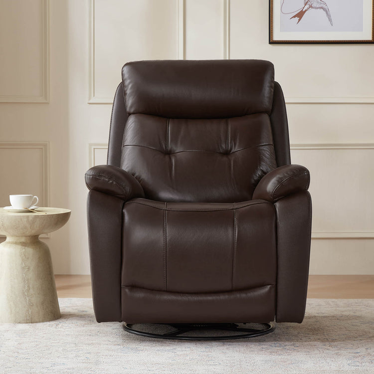 Keith dark brown top-grain leather swivel glider recliner with power headrest and USB ports.