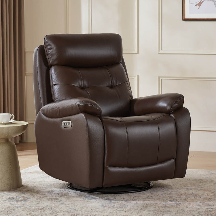 Keith Tufted Genuine Leather Swivel Glider Power Recliner with Power Headrest