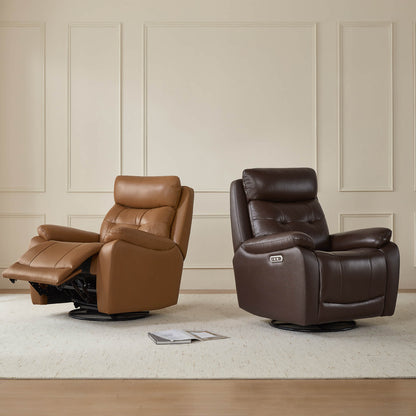 Keith Tufted Genuine Leather Swivel Glider Power Recliner with Power Headrest