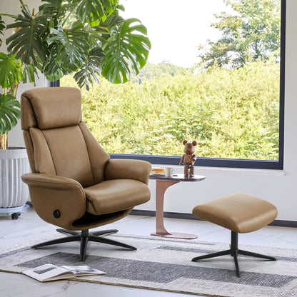 Leslie Genuine Leather Swivel Reclining Chair & Ottoman
