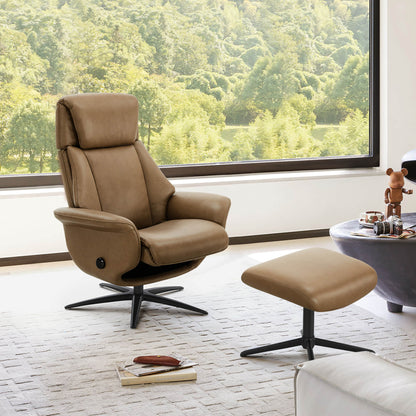 Leslie Genuine Leather Swivel Reclining Chair & Ottoman
