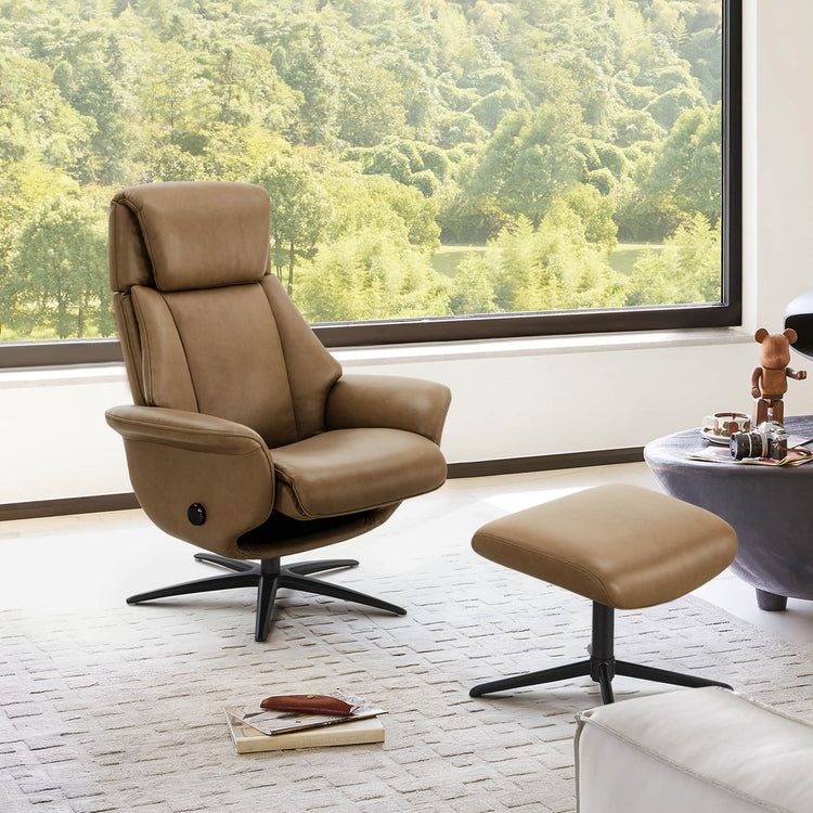 Leslie Genuine Leather Swivel Reclining Chair & Ottoman
