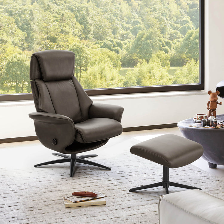 Leslie Genuine Leather Swivel Reclining Chair & Ottoman