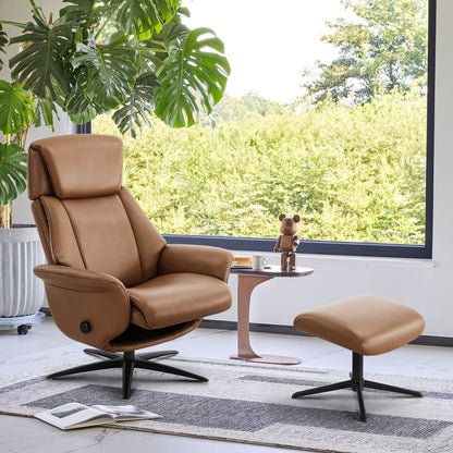 Leslie Genuine Leather Swivel Reclining Chair & Ottoman