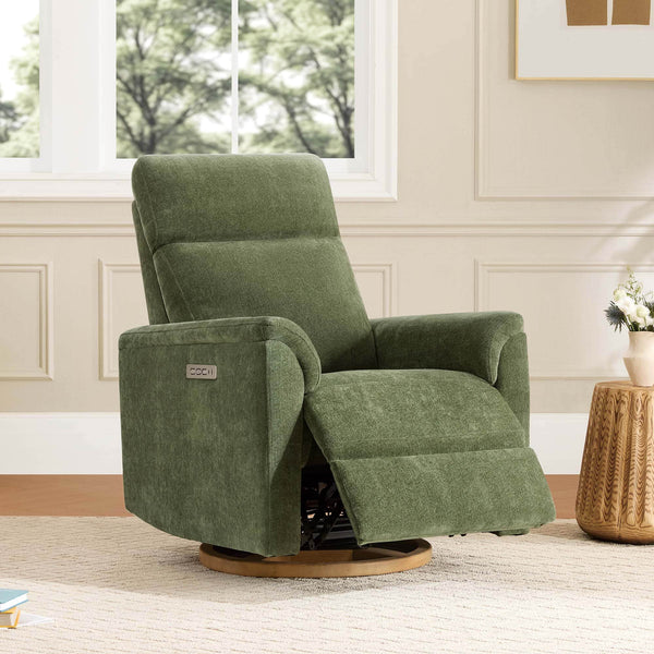 Moss green Lulla Power Glider recliner reclined, showing power headrest and wood swivel base in a nursery setting.