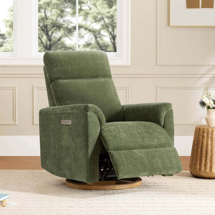 Moss green Lulla Power Glider recliner reclined, showing power headrest and wood swivel base in a nursery setting.