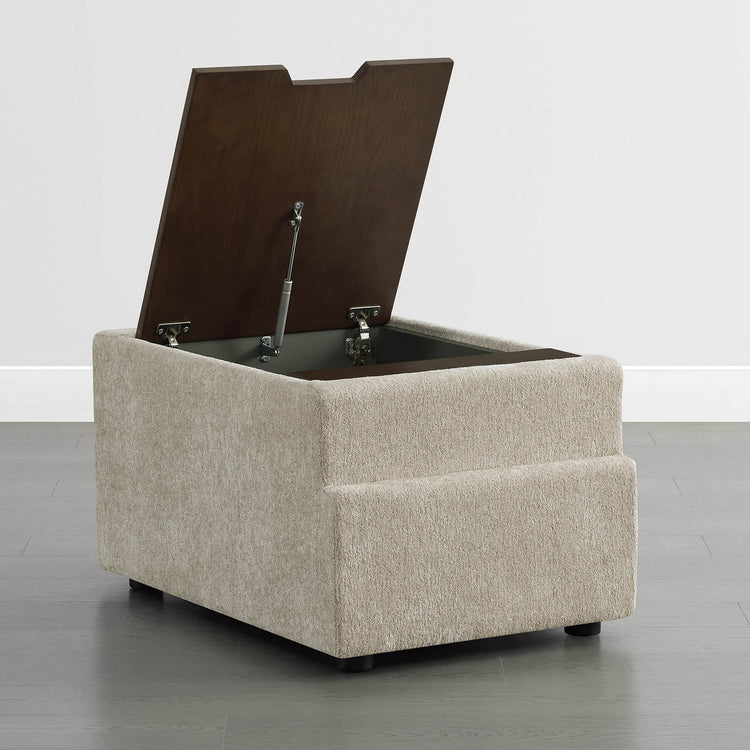 Beige chenille modular storage ottoman with open dark wood lid and internal storage