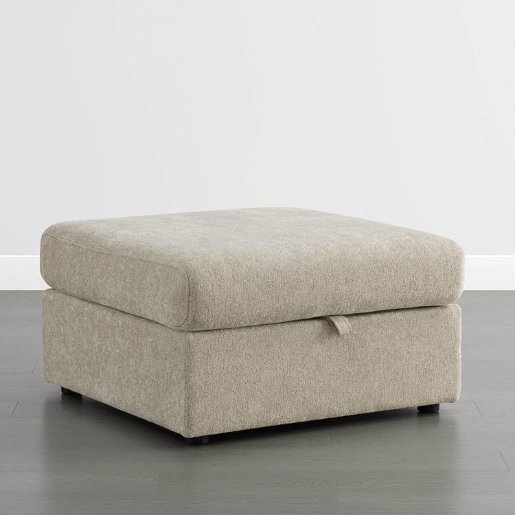 Maisie modular ottoman with storage in taupe chenille fabric.