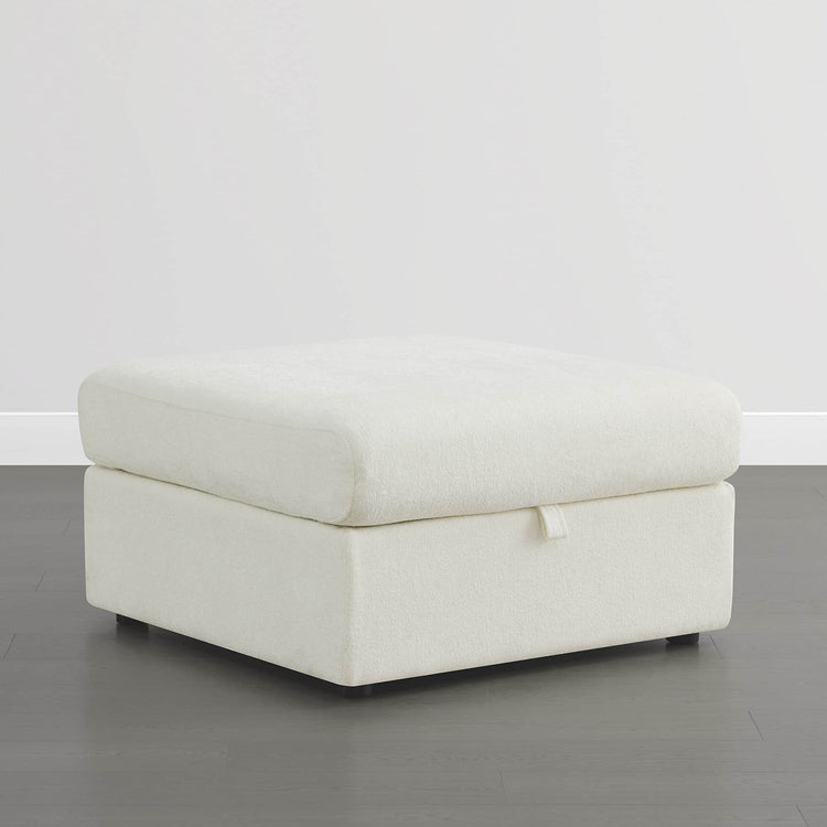 Maisie modular ottoman in cream chenille fabric with hidden storage compartment.