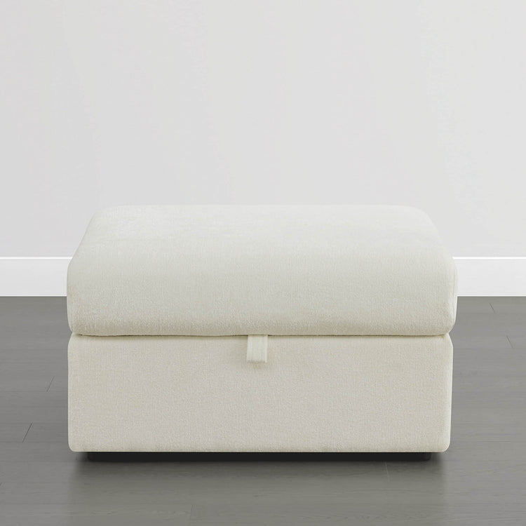 Cream Chenille Maisie modular ottoman with hidden storage and plush top.
